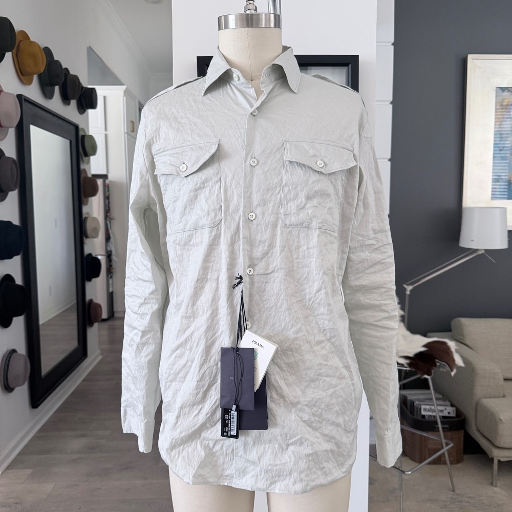 Prada Men's Wrinkly Cotton Blend Popeline Shirt, Size Med/Lg (39)